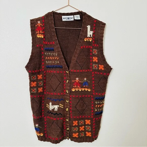 Vintage White Stag Brown Knit Animal Patterns Vest - Picture 4 of 9